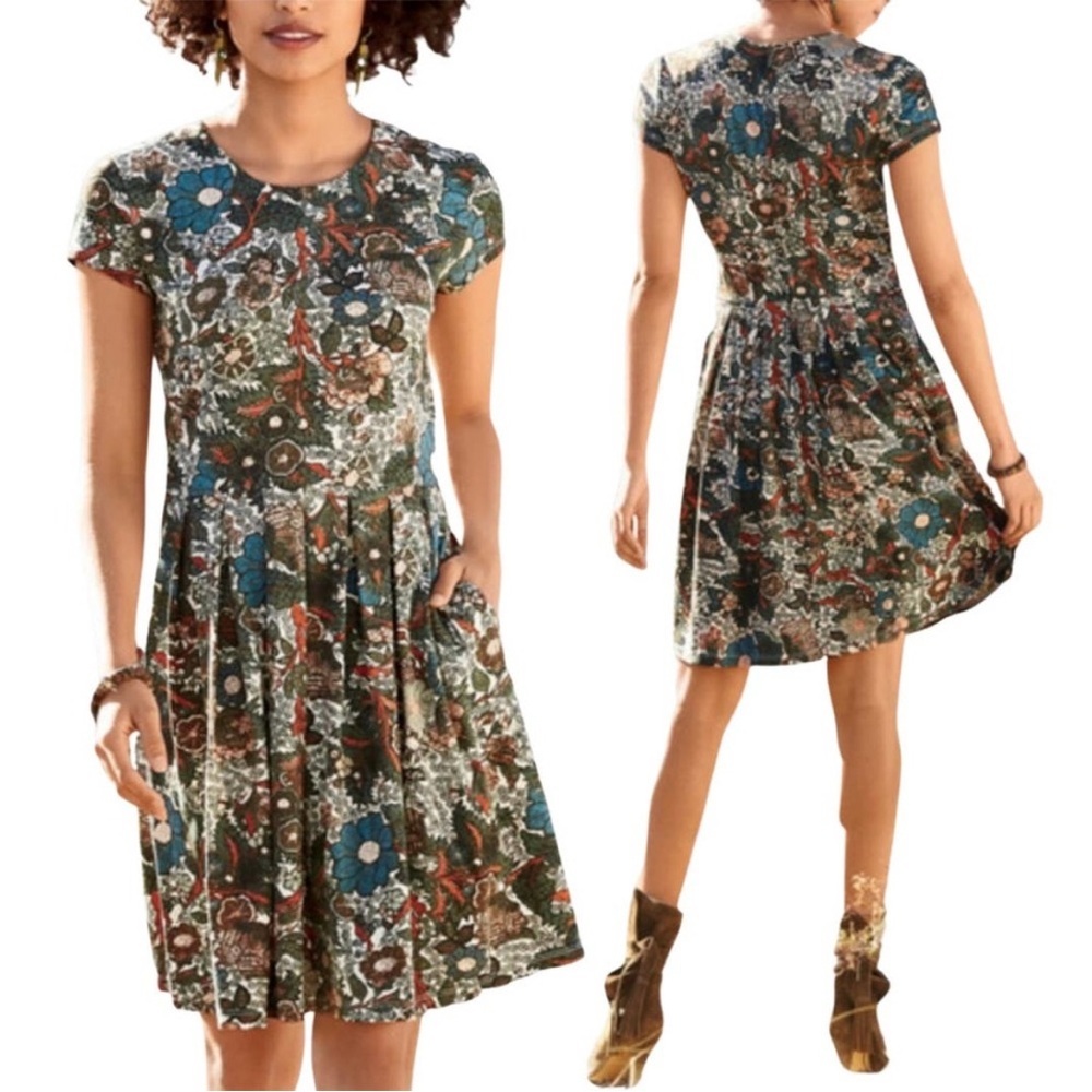 Peruvian Connection Pima Cotton Fall Floral Wanderlust Cap Sleeve Dress XS